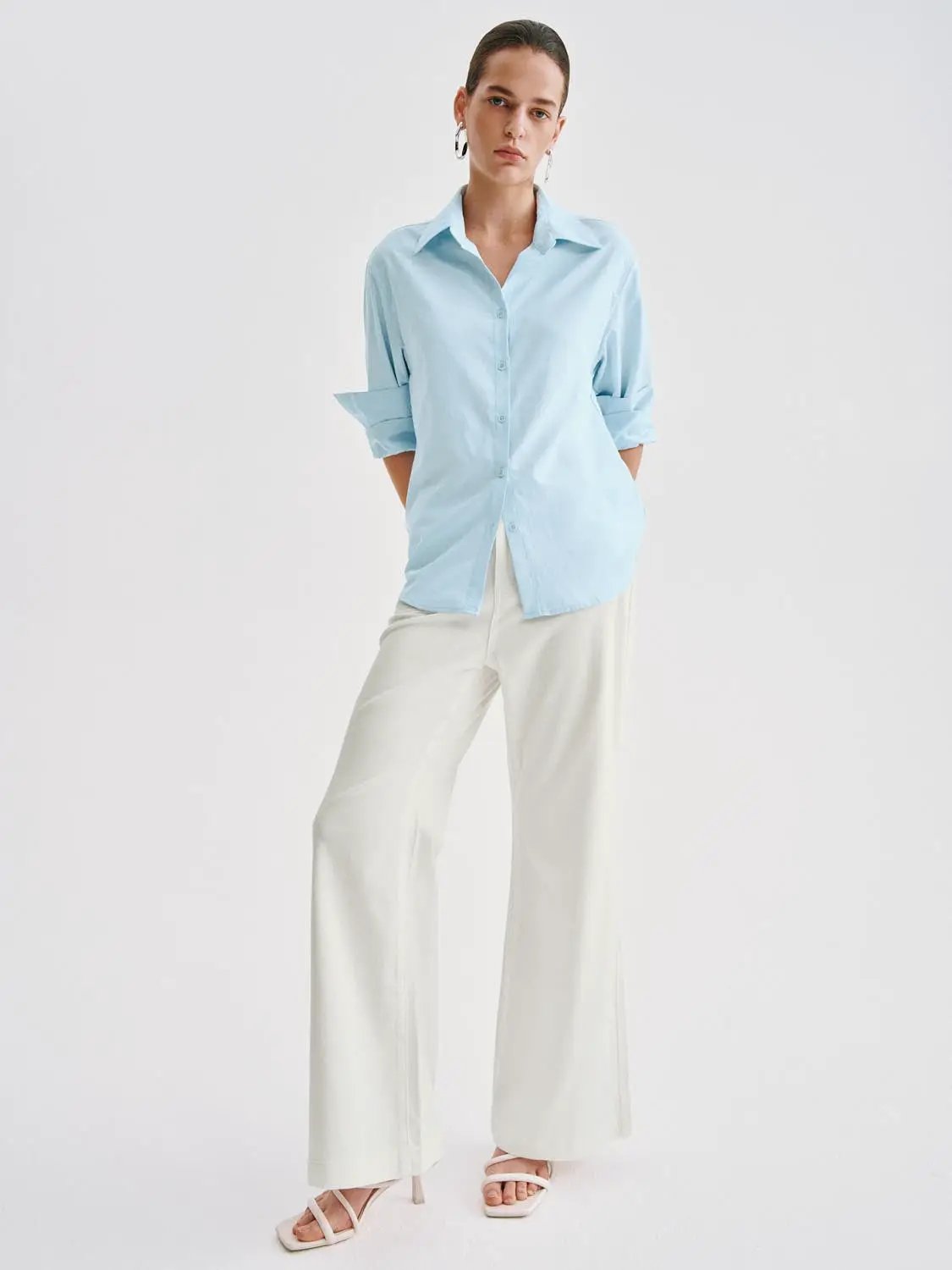 Casual Wide-leg Cotton Lyocell Blend Pants in ivory white