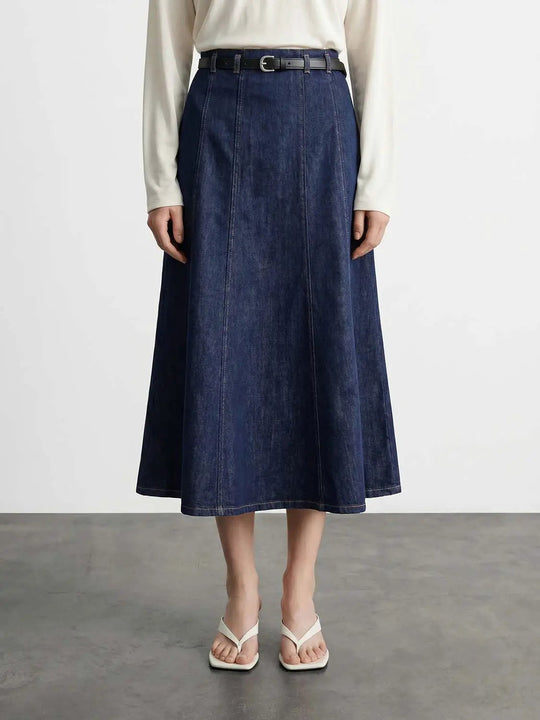 100% Cotton Denim Belted A-Line Silhouette With Topstitched Finish Skirt