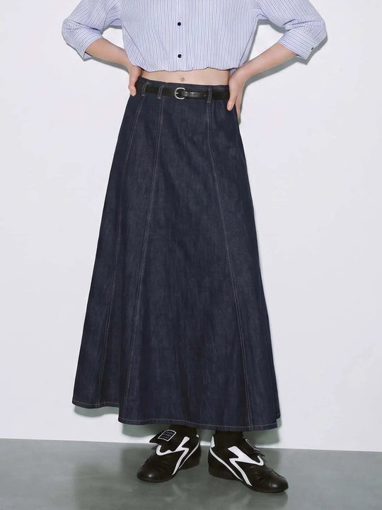 100% Cotton Denim Belted A-Line Silhouette With Topstitched Finish Skirt