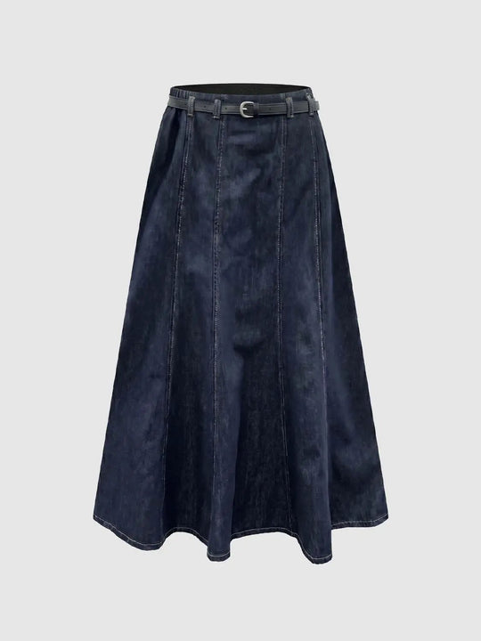 100% Cotton Denim Belted A-Line Silhouette With Topstitched Finish Skirt