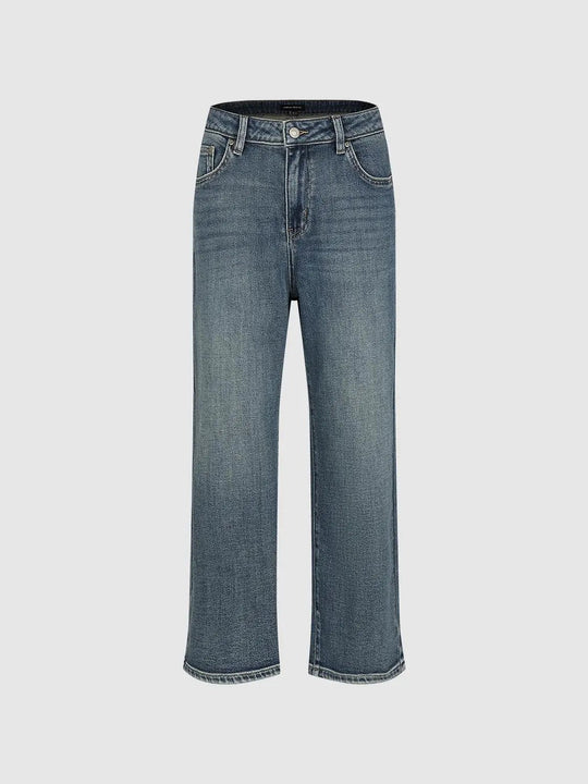 High Waisted Wide-Leg Cotton Blend Jeans