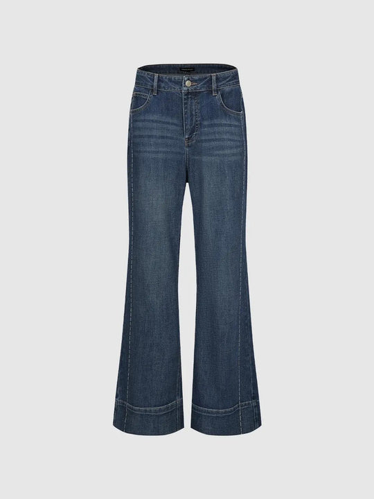 High Waisted Cotton Blend Flared Wide Leg Jeans