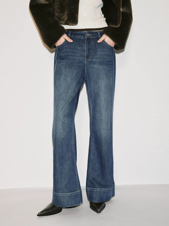 High Waisted Cotton Blend Flared Wide Leg Jeans
