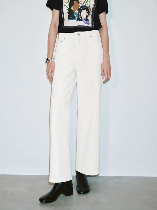 Wide-leg High Waisted Ivory Cotton Pants