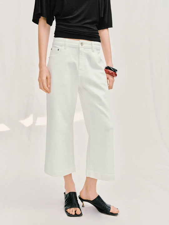 Relaxed Casual Wide-leg Cotton Mid-rise Pants