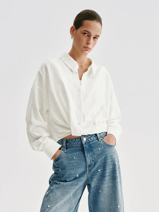 Casual Oversized Knotted Front Cotton Shirt