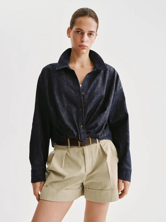 Oversized Dark Wash Button Front Denim Shirt