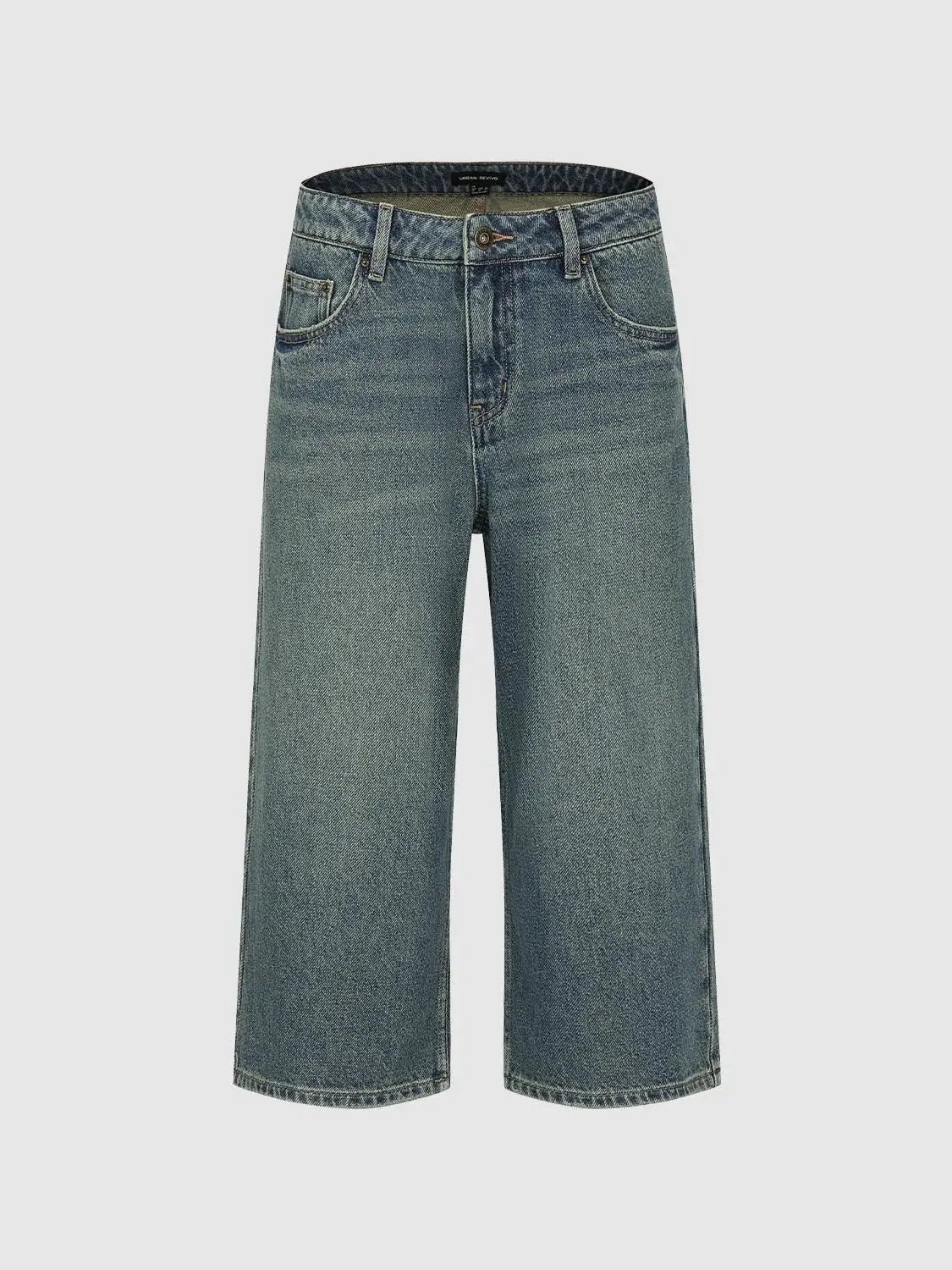 Relaxed mid-rise wide-leg Capri cotton denim jeans in blue, Urban Revivo Fashion