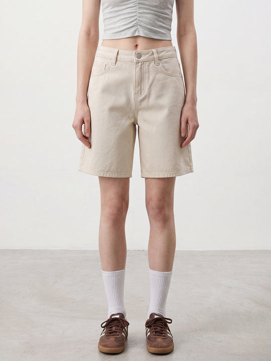 Casual Relaxed Washed Beige Cotton Shorts