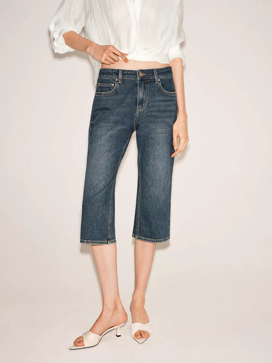 Cropped Denim Cotton Blend Jeans