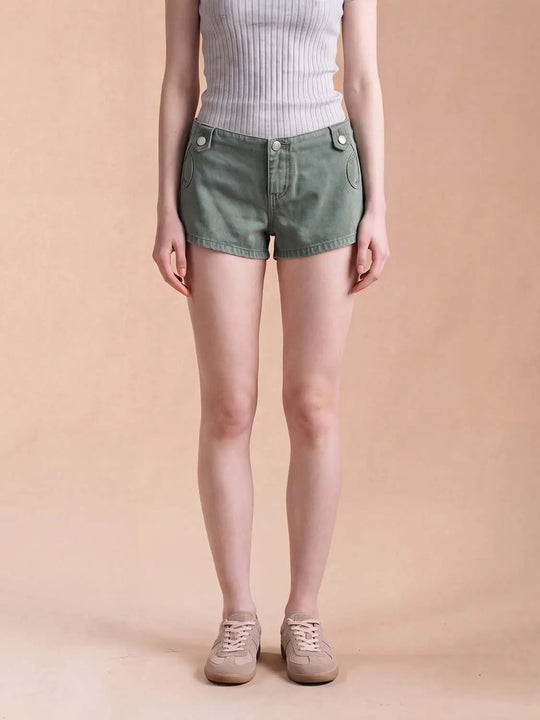 Green Button Pocket Cotton Mid-rise Straight Shorts