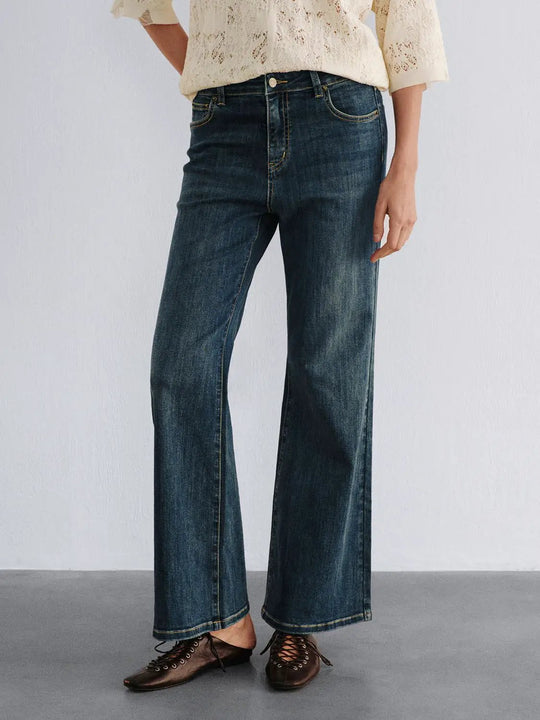 Jean classique bleu foncé en coton, coupe large et taille mi-haute