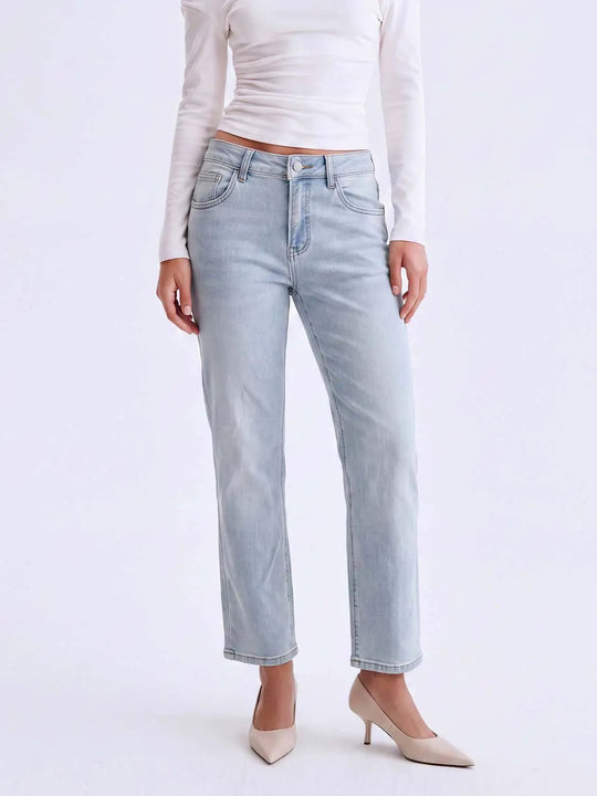 Jeans dritti in cotone a vita media, lavaggio chiaro