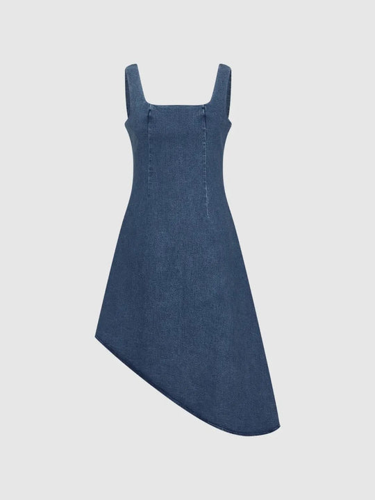 Square Neck Sleeveless Asymmetric Hem Cotton Denim Dress