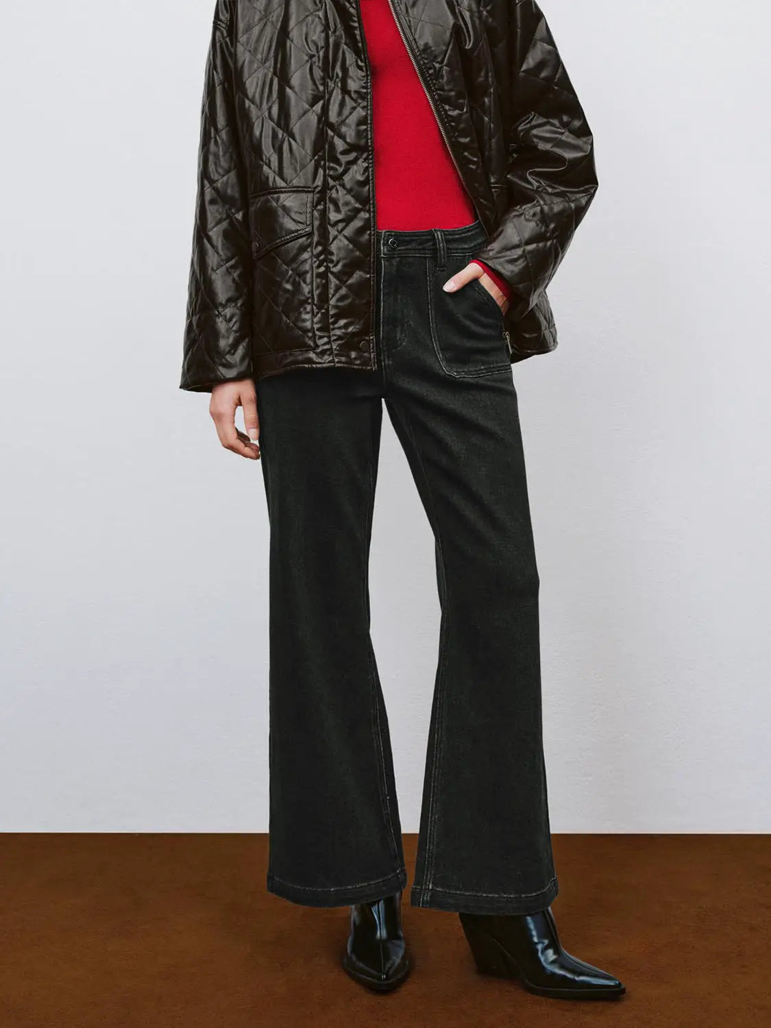 Jeans by Urban Revivo Fashion; black wide-leg denim with front pockets, styled with red top and quilted jacket