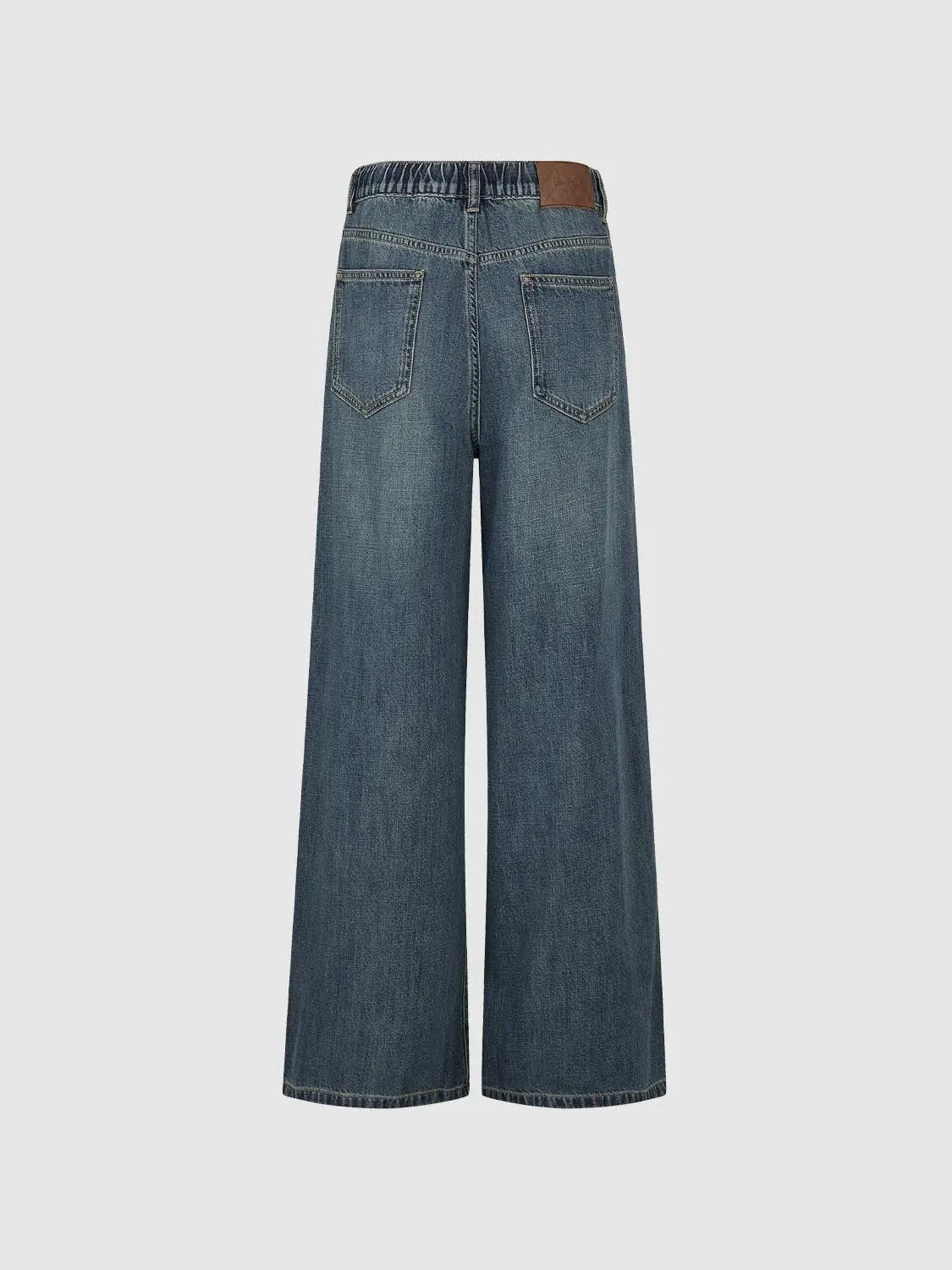 Urban Revivo jeans, blue denim back view with a wide-leg fit and rear pockets.