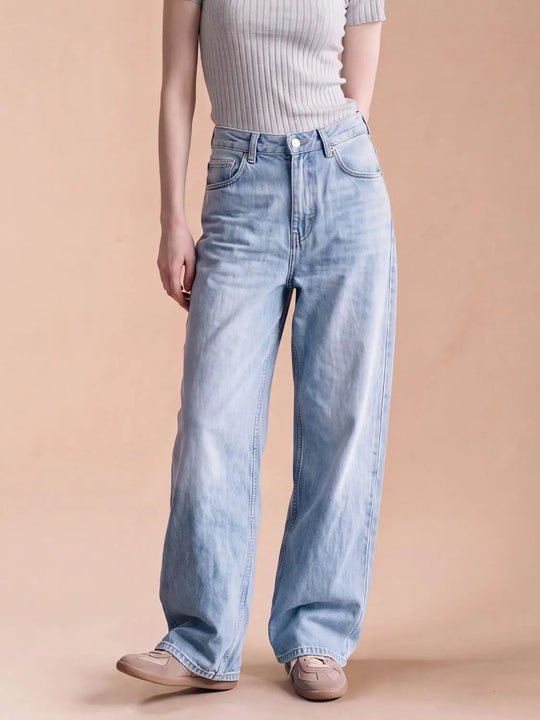 Mid-rise Wide-leg Faded Blue Cotton Jeans