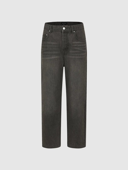 Washed Mid-rise Straight Cotton Jeans
