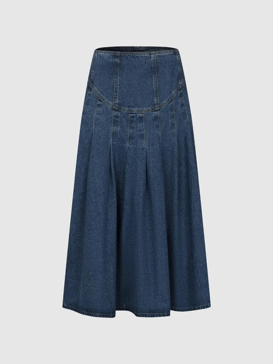 High-waisted Pleated Cotton Denim Maxi Skirt