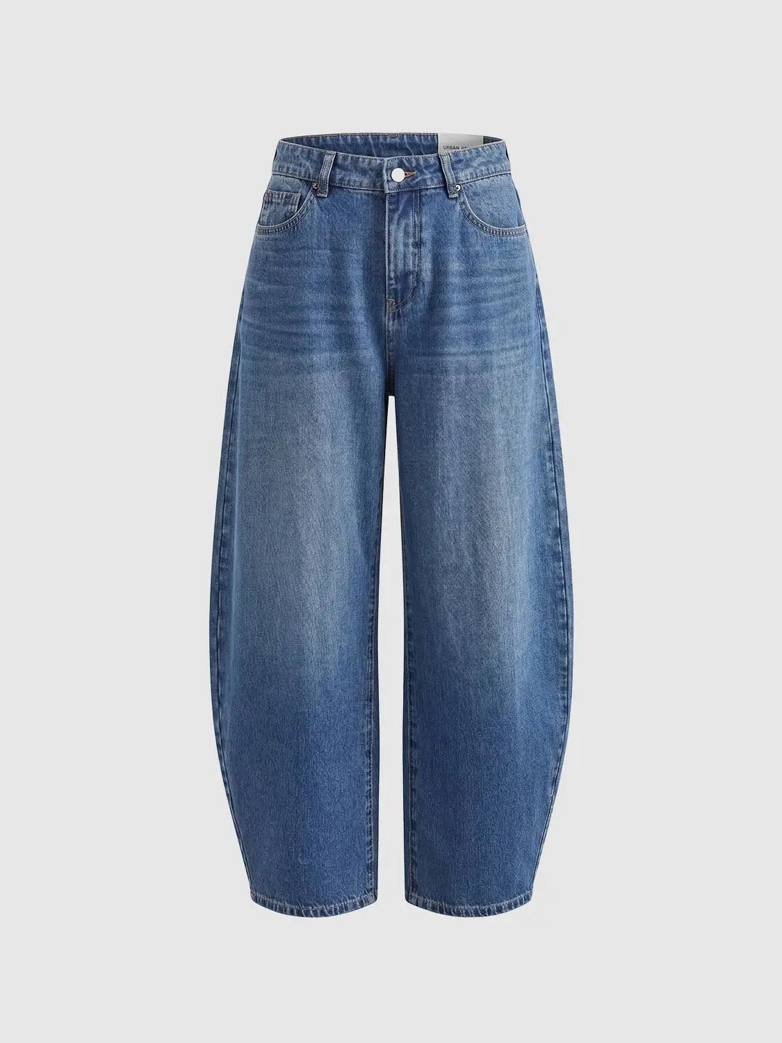 Jeans, blue denim with wide-leg relaxed fit and faded wash.