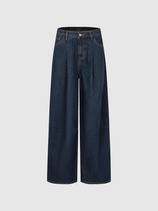 Pleated Deep Indigo High-waisted Wide-leg Denim Jeans