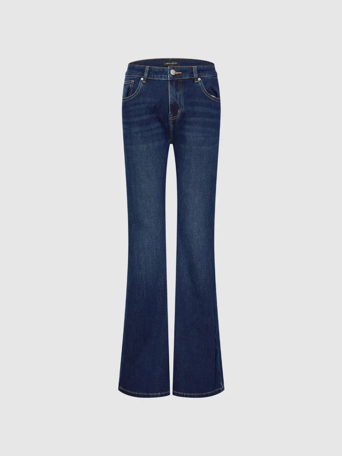 Mid-rise cotton-blend jeans in dark indigo by Urban Revivo Fashion with bootcut flare