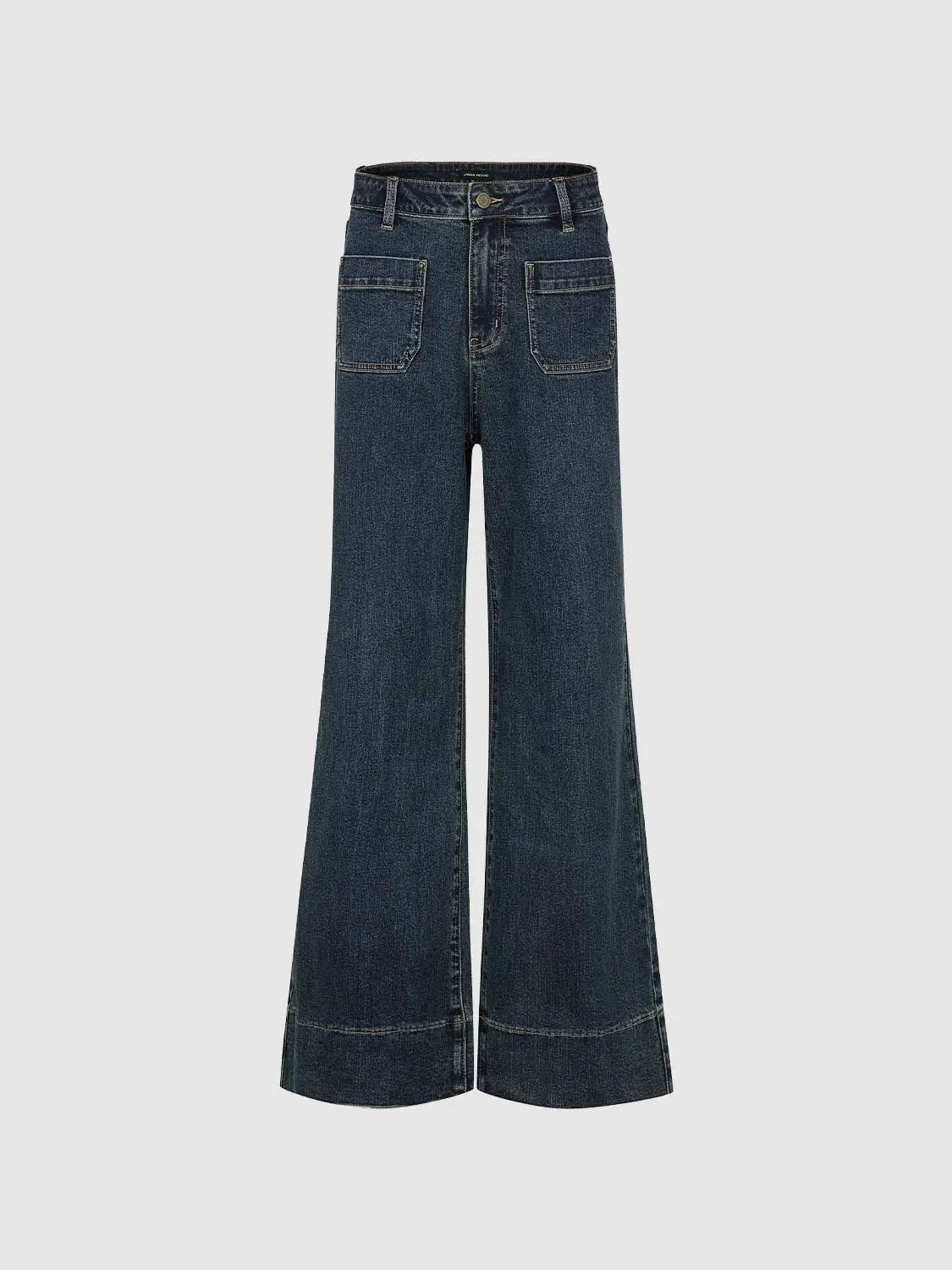 Urban Revivo Fashion jeans, dark indigo denim, wide-leg flare with front patch pockets.