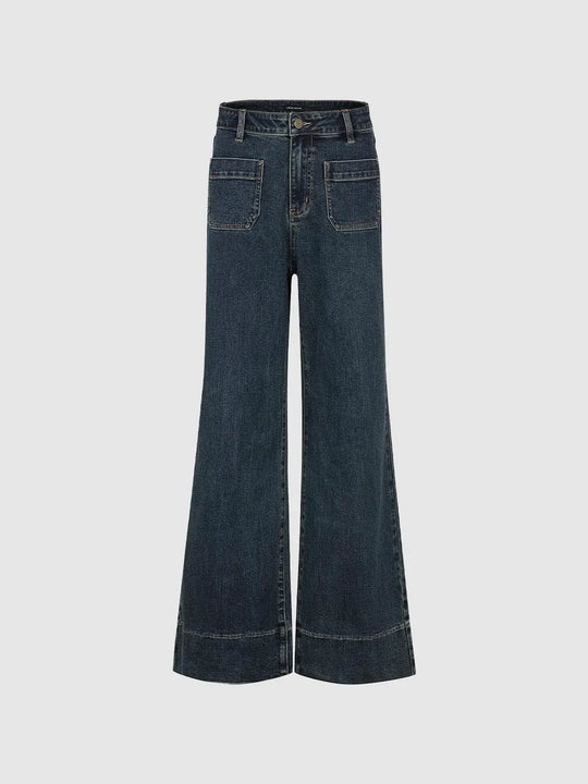 Cuffed Hem Wide-leg Dark Wash High-waisted  Slight Stretch Cotton Jeans