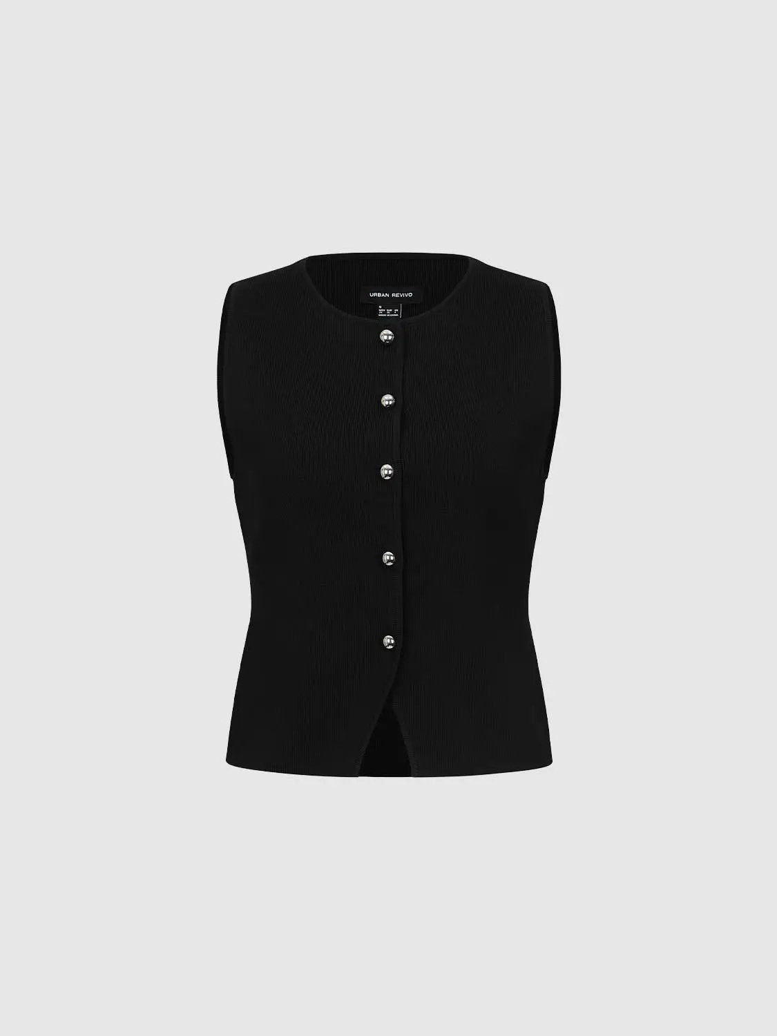 Round neck button-front sleeveless cropped knit vest in black by Urban Revivo.
