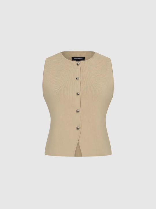 Round Neck Button Front Sleeveless Cropped Knit Vest