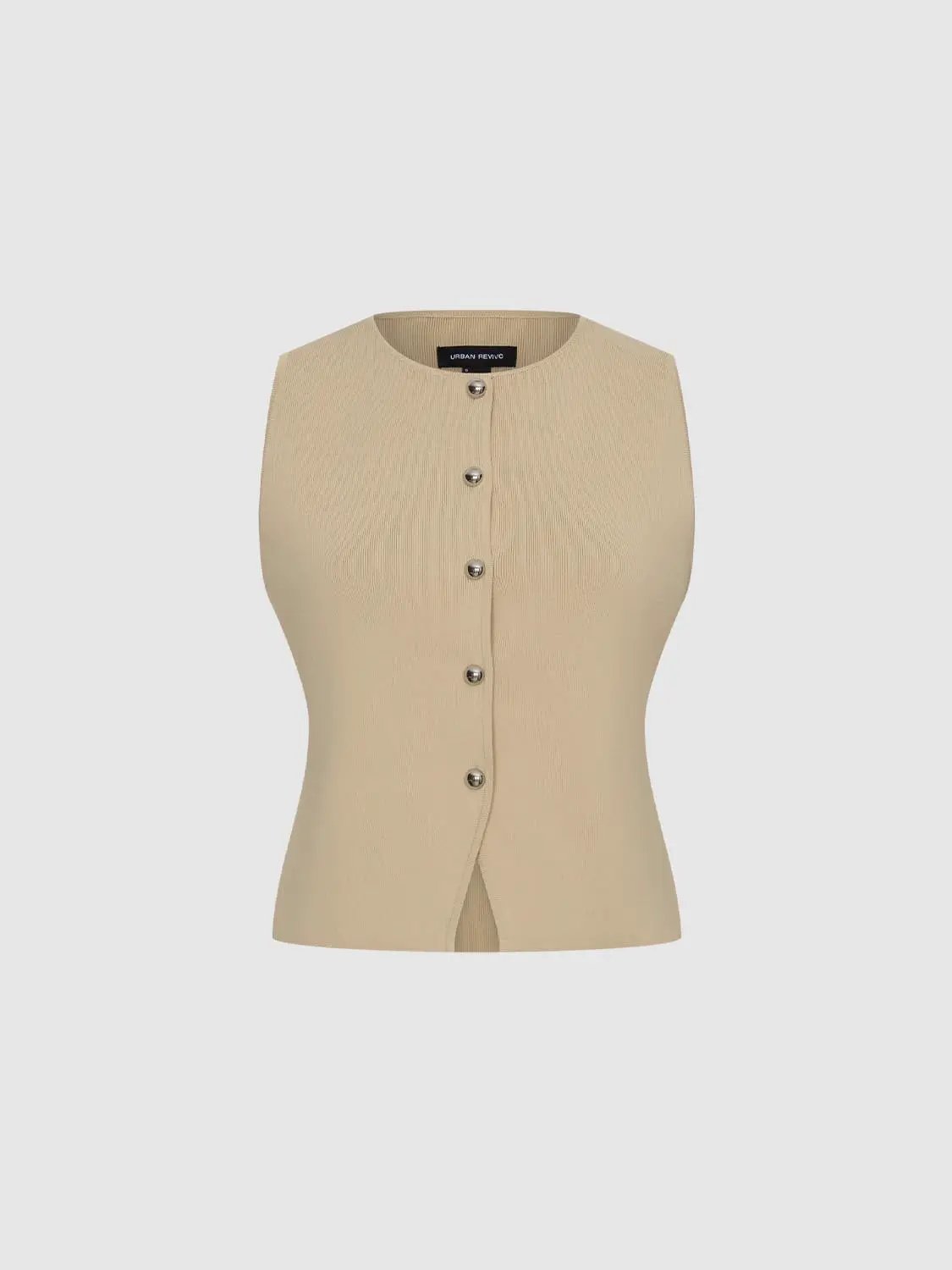 Beige round-neck sleeveless cropped knit vest with front metal buttons by Urban Revivo Fashion