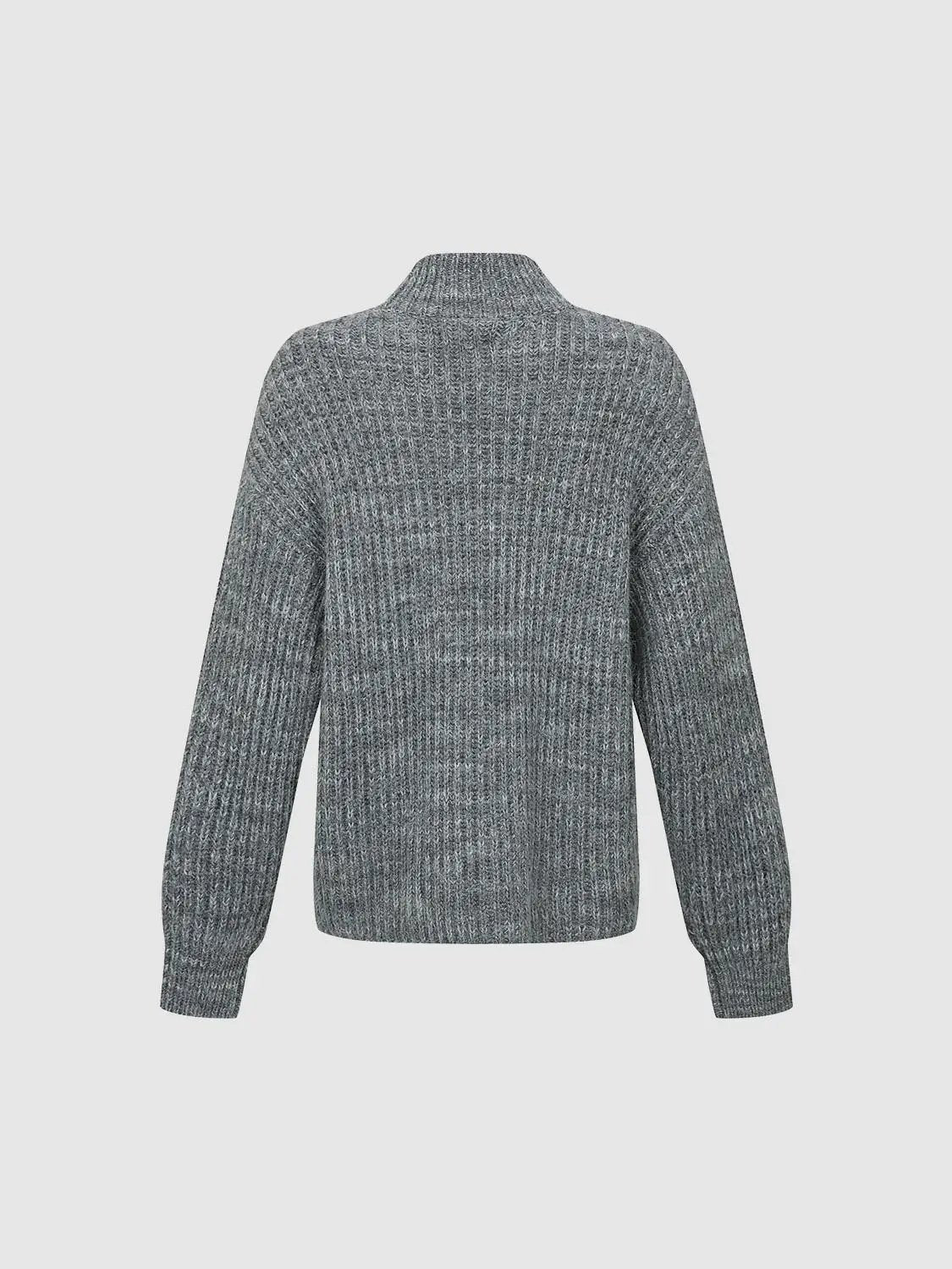 High Neck Long Sleeve Knitted T-Shirts gray ribbed knit fabric, back view