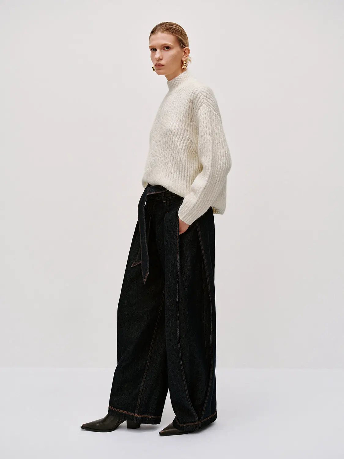 High Neck Long Sleeve Knitted T-Shirts, white chunky knit top by Urban Revivo Fashion