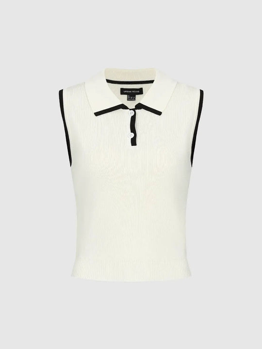 Polo Neck Contrast Trim Sleeveless Knitted T-Shirts
