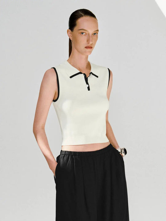 Knitted Polo Neck Sleeveless Top With Contrast Trim And T-Shirt