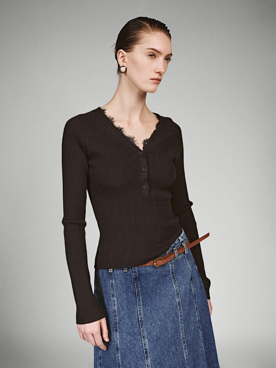 V-Neck Lace Trim Henley Neck Knitted T-Shirts