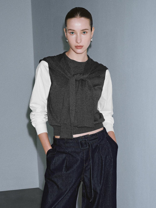 2 In 1 Scarf Contrast Long Sleeve Knitted T-Shirts