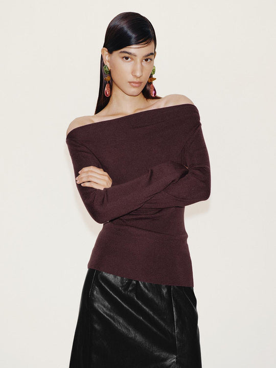 Off Shoulder Ruched Long Sleeve Knitted T-Shirts