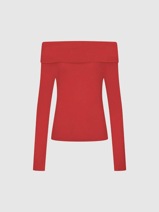Off-shoulder Long Sleeve Fitted Knit T-Shirt