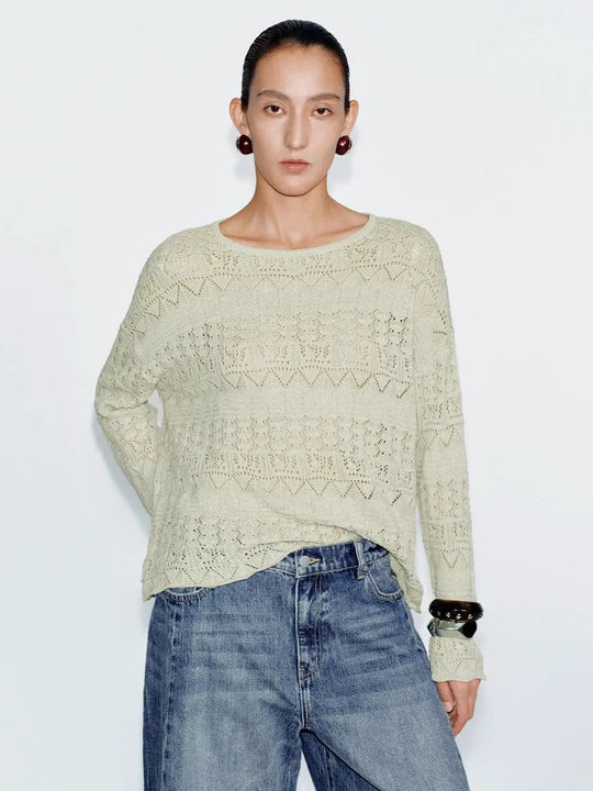 Scoop Neck Boho Long Sleeve Knitted T-Shirts