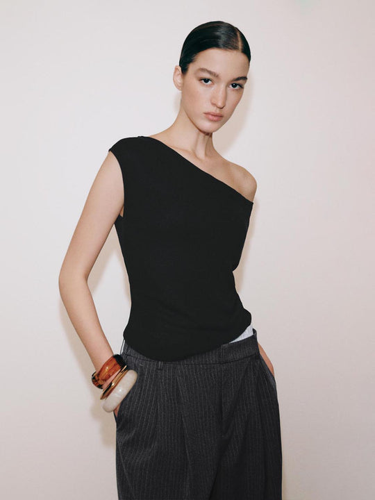 One Shoulder Capped Sleeve Knitted T-Shirts