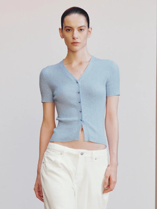 Cotton Viscose Knit V Neck Cardigan