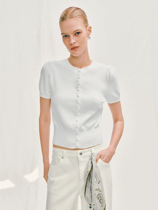 Ribbed Knit Cotton Crew Neck Short Sleeve Cardigan