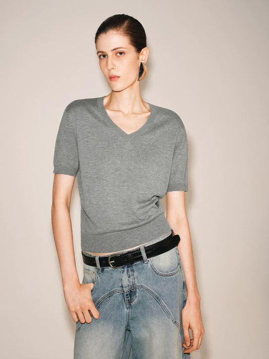 Rib V-neck Short Sleeve Knit Top