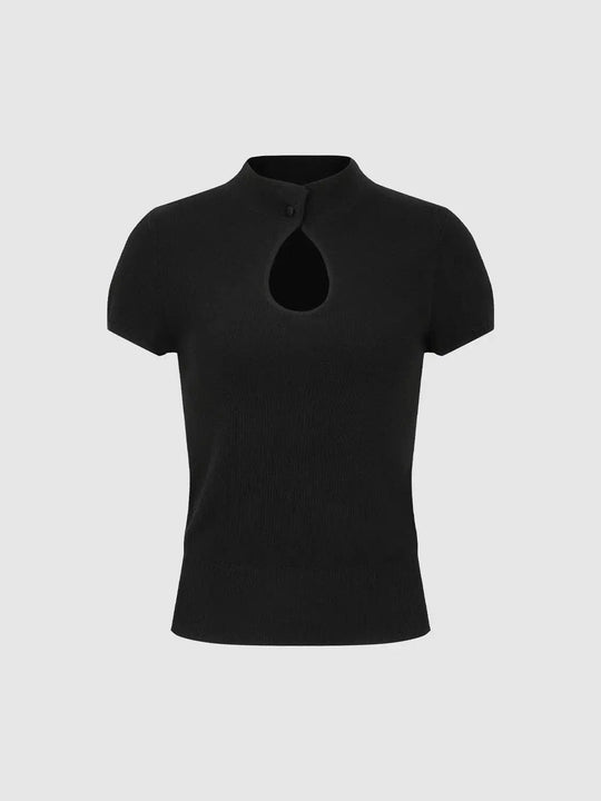 Slight Stretch Front Cutout Knitted T-Shirt