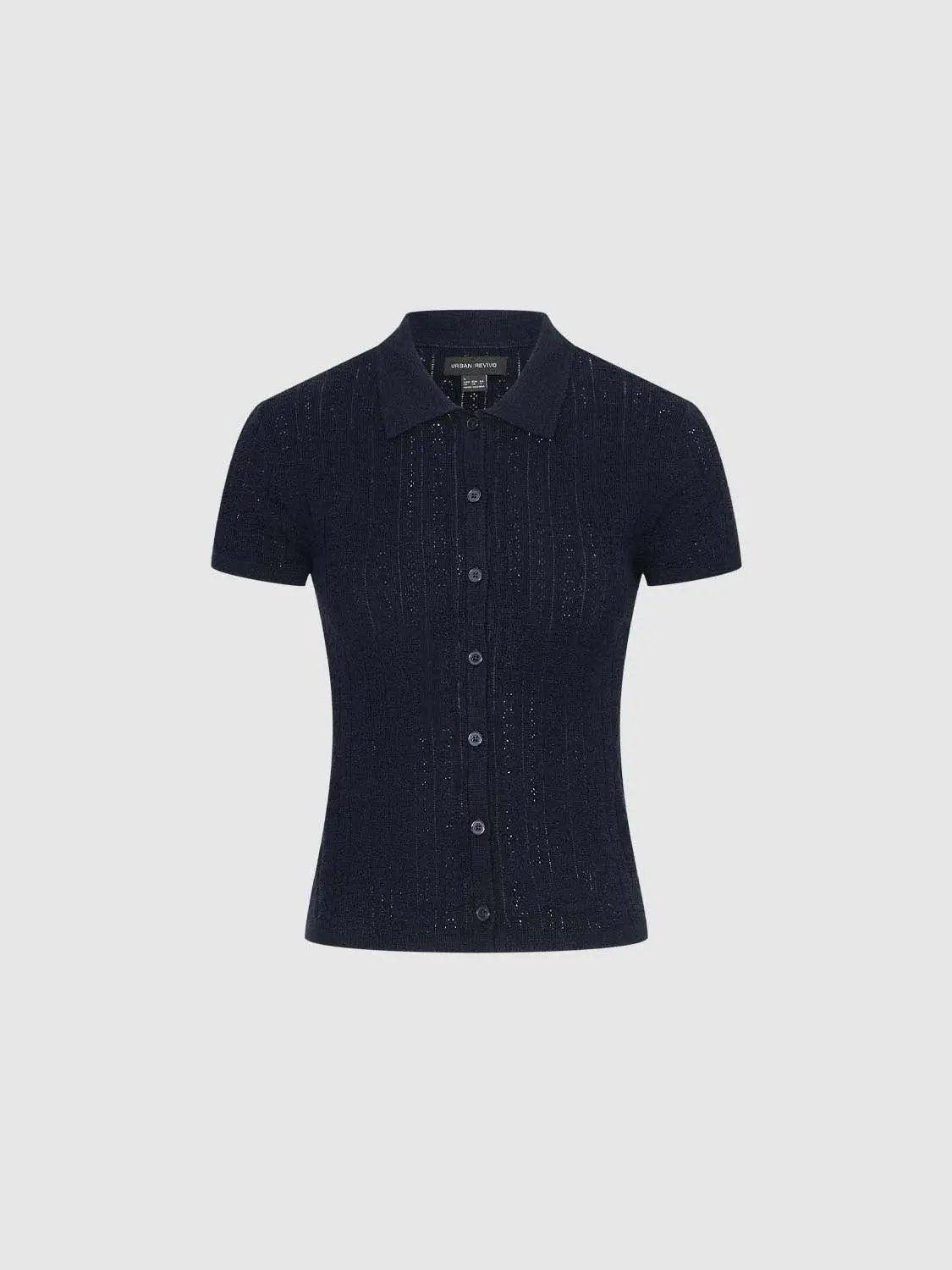 Cable knit ribbed short-sleeve polo cotton shirt in navy blue by Urban Revivo Fashion