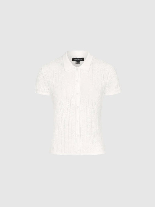 Cable Knit Ribbed Short Sleeve Polo Cotton Shirt