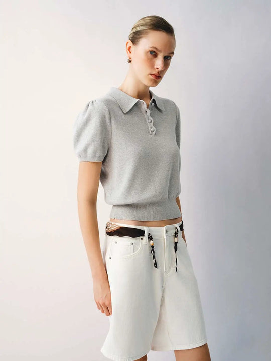 Cotton Knitted Ribbed Puff-Sleeve Polo T-Shirt