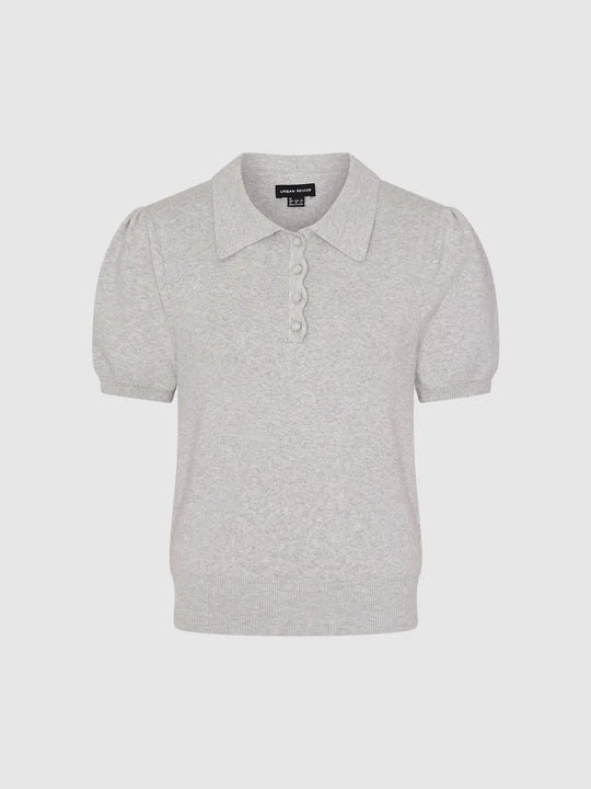 Cotton Knitted Ribbed Puff-Sleeve Polo T-Shirt