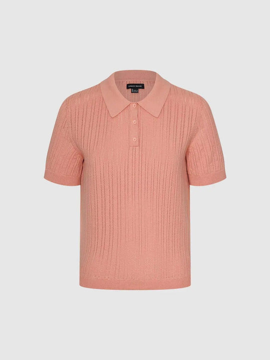 Ribbed Polo Knit Cotton Short Sleeve Sweater